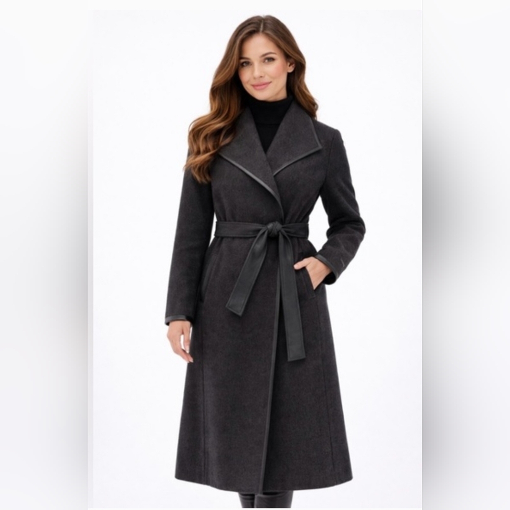 Tahari Woman Charcoal Gray Belted Wool-Blend Trench Coat